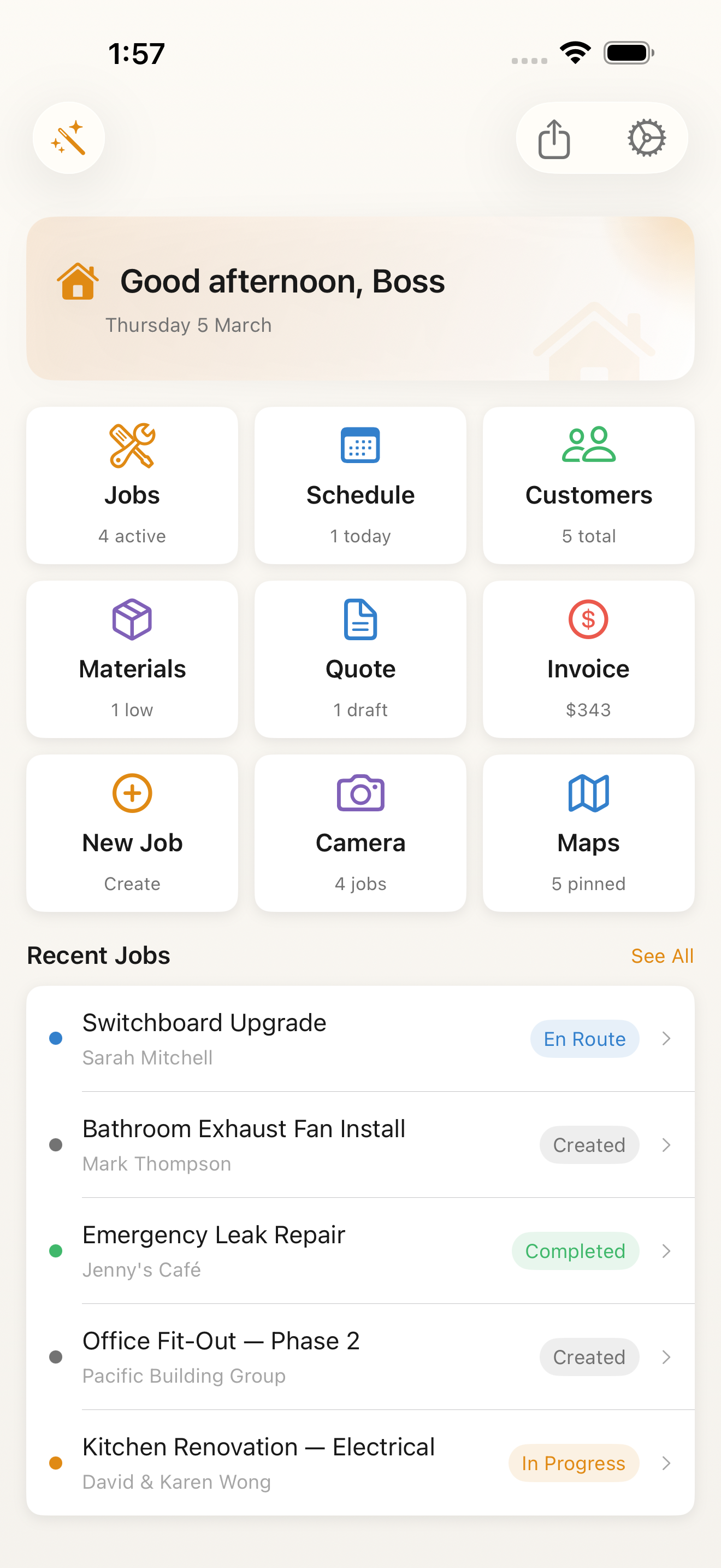 FieldWise Dashboard with 3x3 tile grid and recent jobs