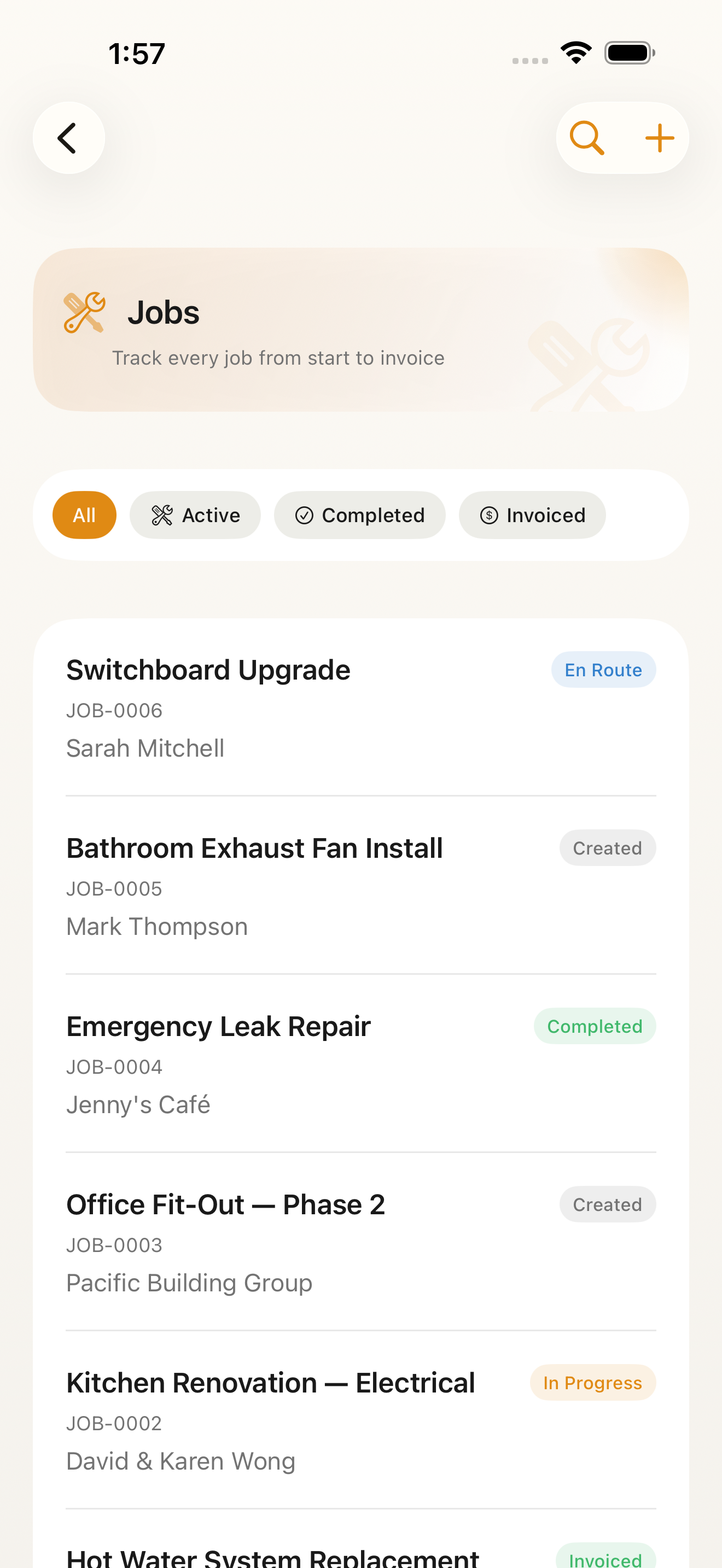 Job list with colour-coded status badges