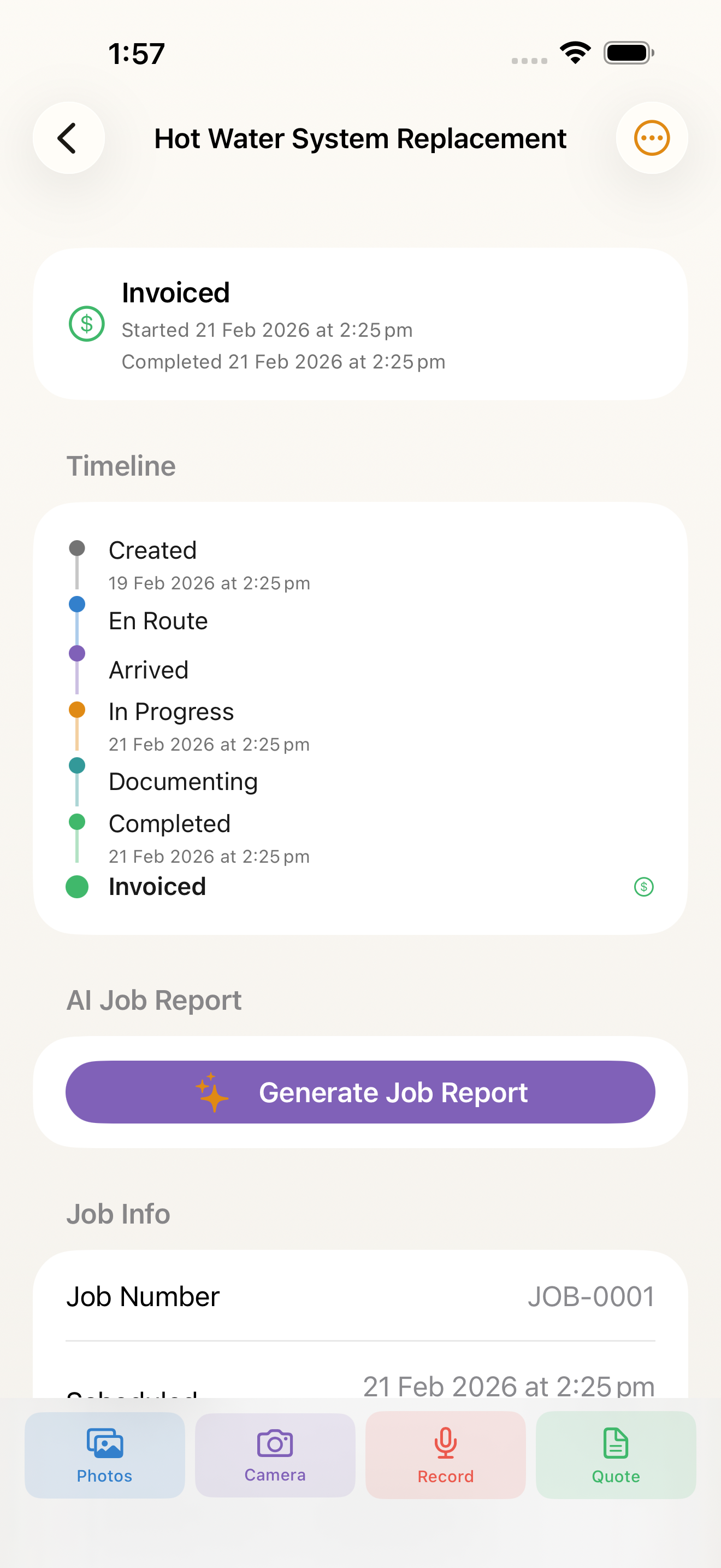 Job detail with timeline, AI report, and action bar