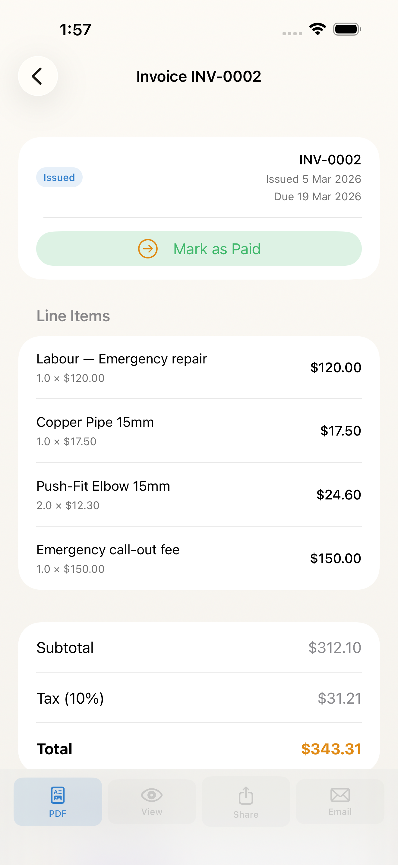 Invoice with line items, totals, and PDF share bar