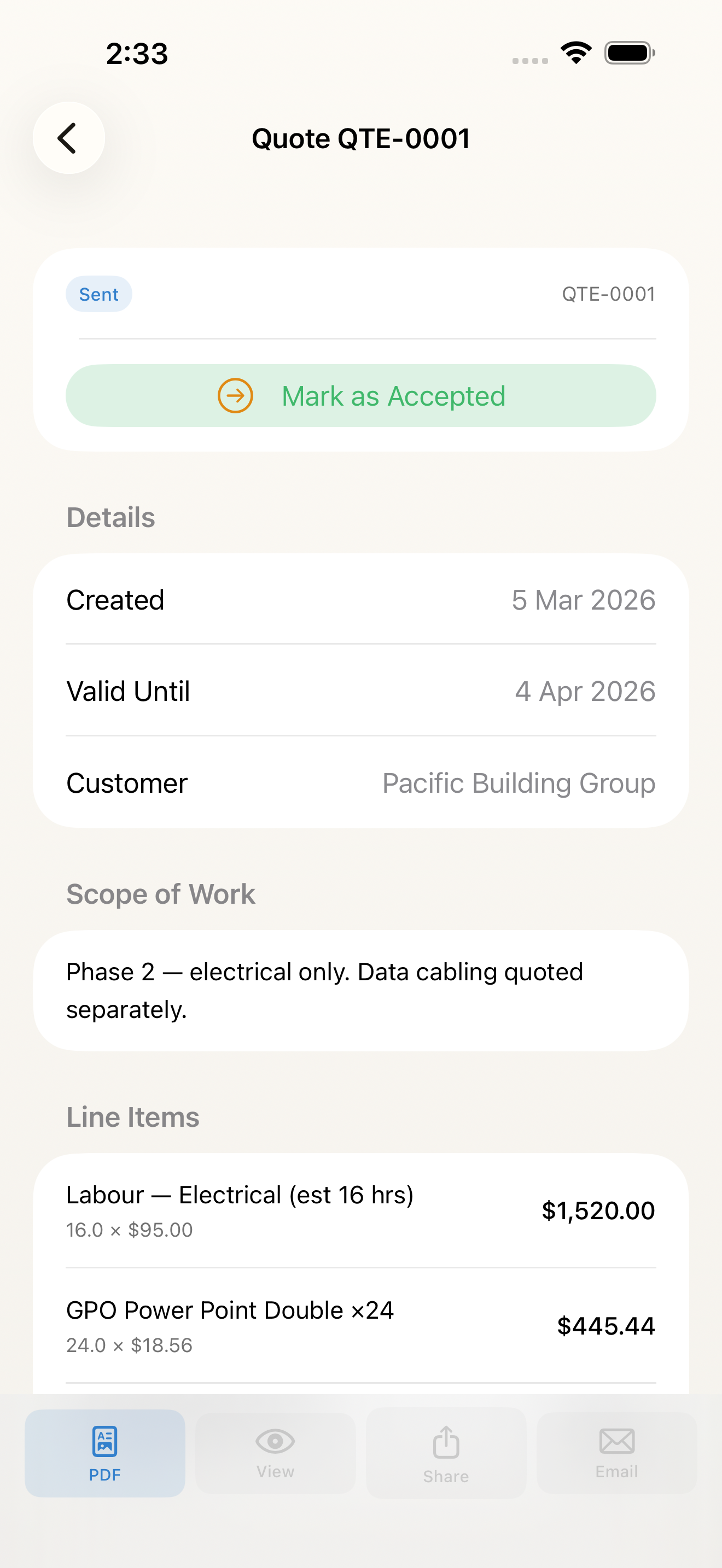 Quote with scope of work, line items, and action bar