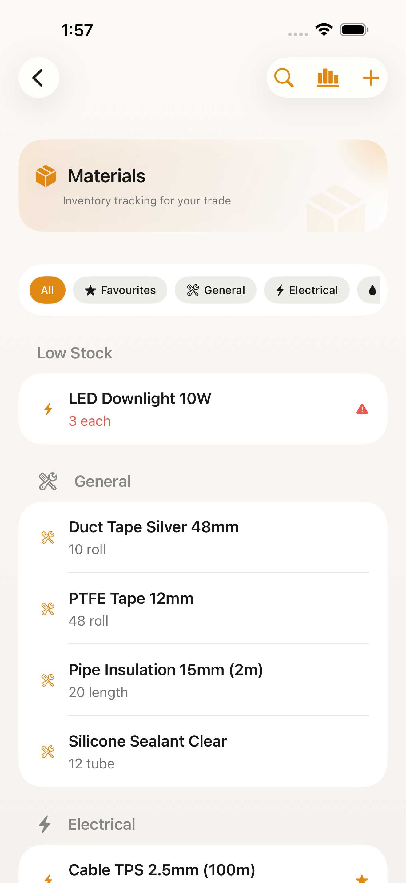 Materials inventory with low stock alerts