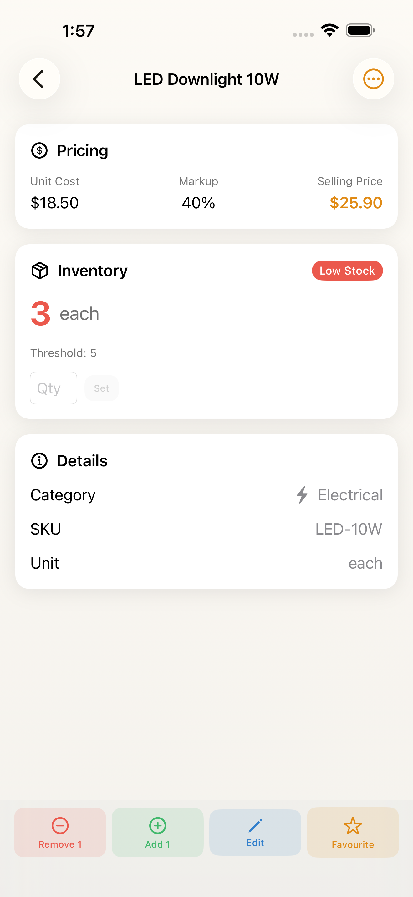 Material detail with pricing, inventory, and quick actions