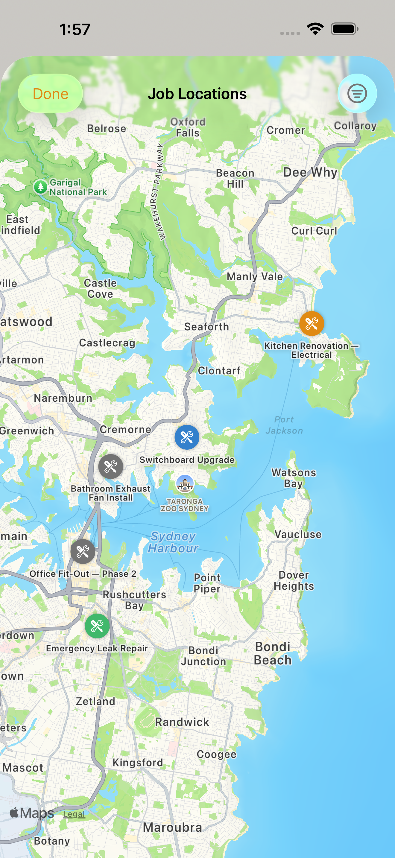 Job locations with colour-coded pins on a map